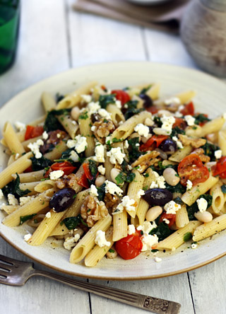 Greek Pasta with Tomatoes, Olives, and Spinach